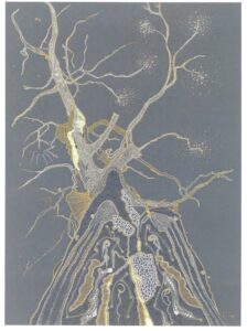 -Lux Eterna, Ironbark Gum Study I, 2025, pigment ink, gold leaf, mirror foil on paper.